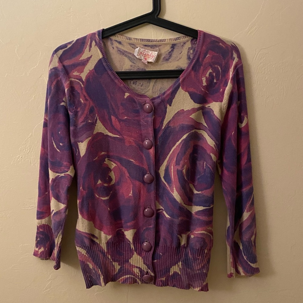 Anthropologie Tracy Reese purple pink floral rose grandma cardigan cottagecore